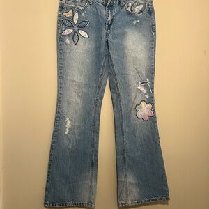 BONGO Light Wash Flare Jeans with Multicolor Floral Patches